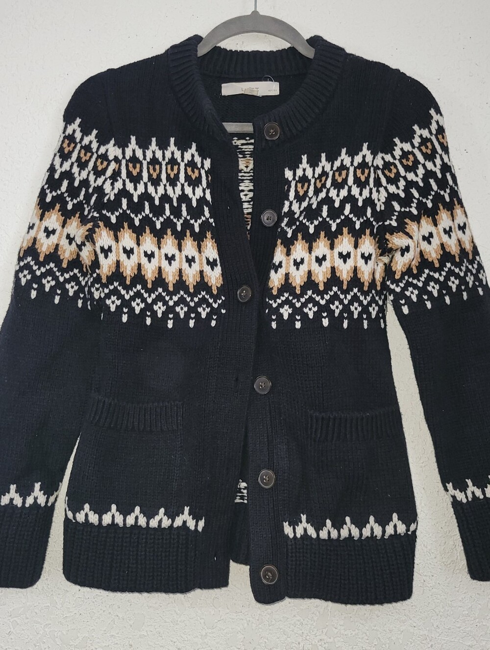 LOFT Black Fair Isle Knit Button Cardigan with Cream and Tan Accents